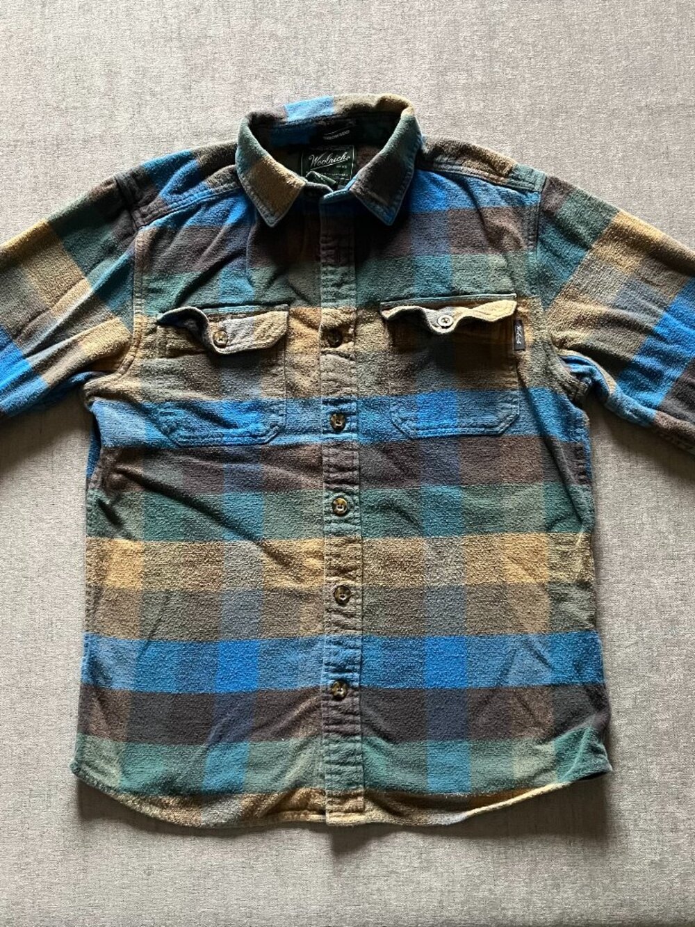 Woolrich Oxbow Bend Button Up Flannel Shirt Men S Blue Beige Plaid Heavy Cotton